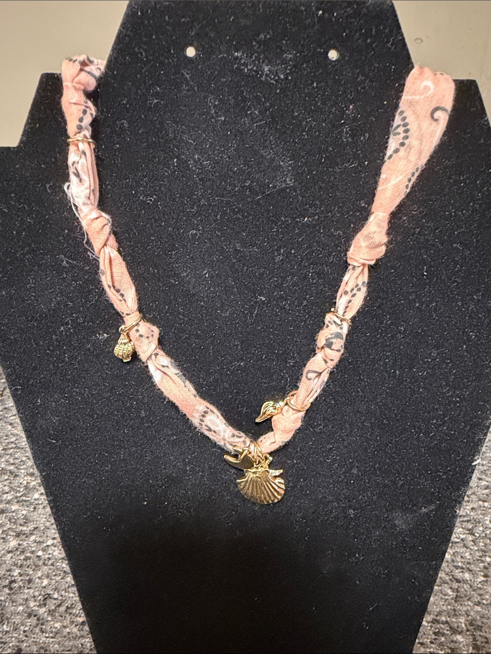 American Eagle Outfitters Pink Paisley Scarf Necklace with Gold Shell Charms